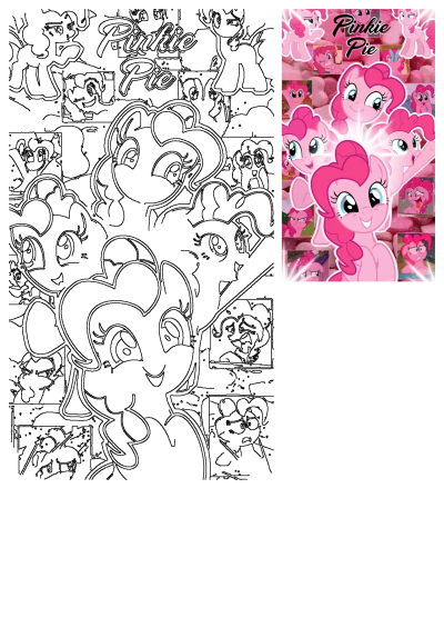 Vibrant collage of Pinkie Pie cartoon character from My Little Pony, showcasing her happy expressions and playful poses, with an outline art companion.