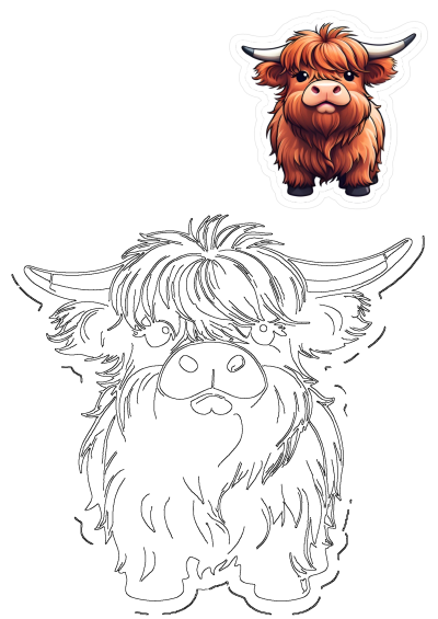Kawaii Highland Cow sticker by Cloudlilyart showing a fluffy brown cow with horns and pink nose, accompanied by its outline art.