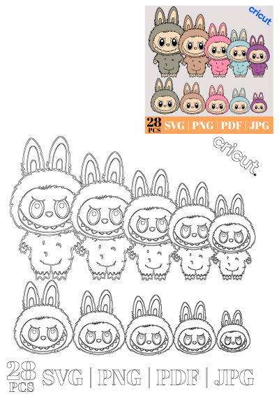 Set of cute monster bunnies SVG PNG PDF JPG for Cricut, featuring colorful and outline designs of fluffy creatures with bunny ears and big eyes.