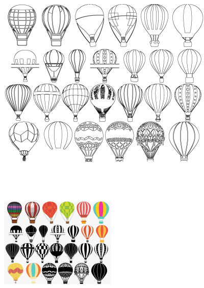 A collection of colorful hot air balloon illustrations, including outline designs, vibrant patterns, and elegant black silhouettes.