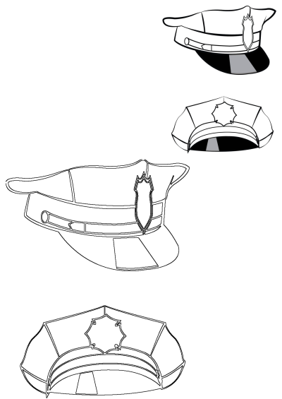 Outline police hat SVG clipart design for Cricut and Silhouette machines. Multiple views of officer caps, some with shaded brims and badges.