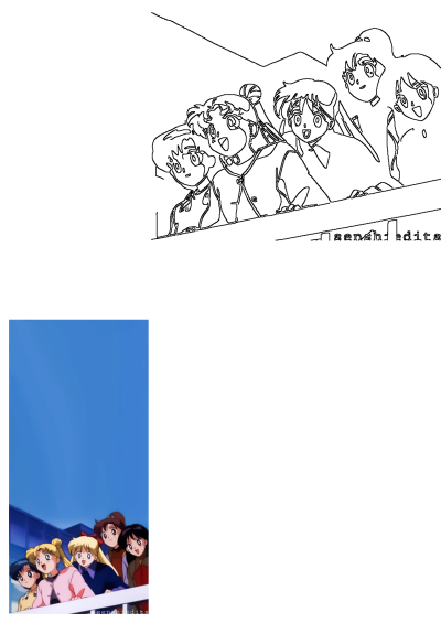 Sailor Moon anime characters (Usagi, Ami, Rei, Makoto, Minako) looking out to sea from a balcony, presented in both colored and line art forms.