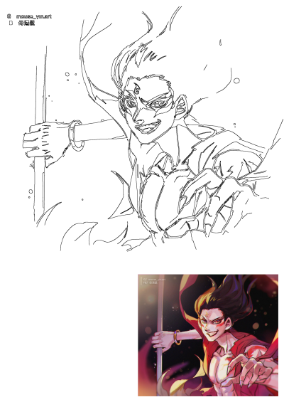 A dynamic line art illustration of the anime character Nezha, gripping a pole with a fierce expression. Ideal for fans of Nezha art.