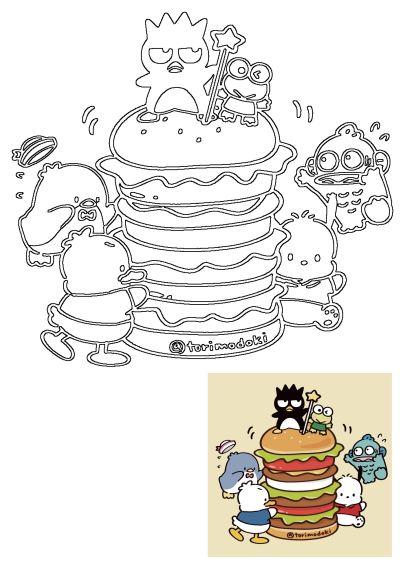 Cute cartoon characters, including a penguin and frog, playfully interact with a towering giant hamburger stack in this fun illustration.