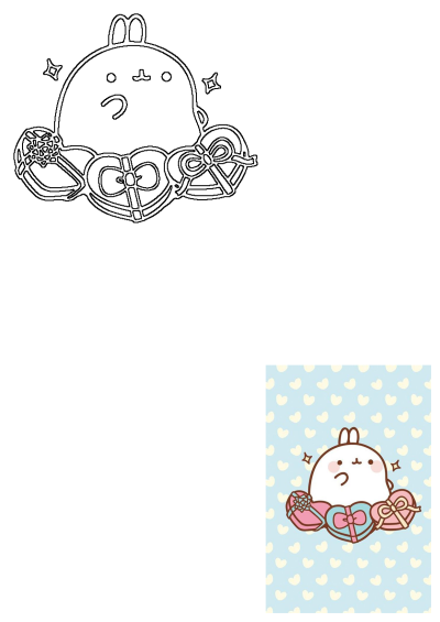 Cute bunny character with heart-shaped chocolate boxes for Valentine's Day, featuring both a line art outline and a colored illustration.