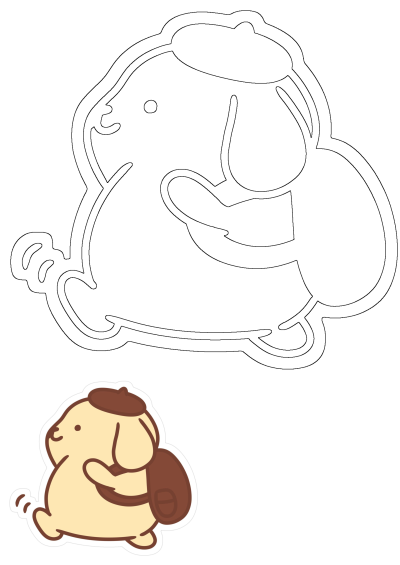 Cute Pompompurin sticker featuring a brown hat and backpack, presented with both a vibrant colored design and a clean black outline.