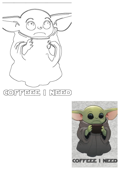 A Baby Yoda (Grogu) meme holding a coffee cup with "COFFEEEE I NEED" text. Perfect for Star Wars fans.