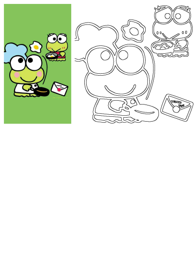 Keroppi, the Sanrio frog cartoon character, proudly cooks a fried egg as a chef, with another Keroppi and a 'Thank You' note.