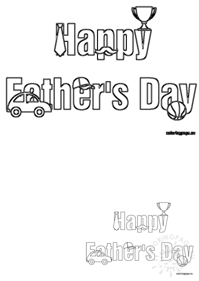 Father's Day outline art. Features 'Happy Father's Day' text with a trophy, car, baseball cap, basketball, tie, and mustache.