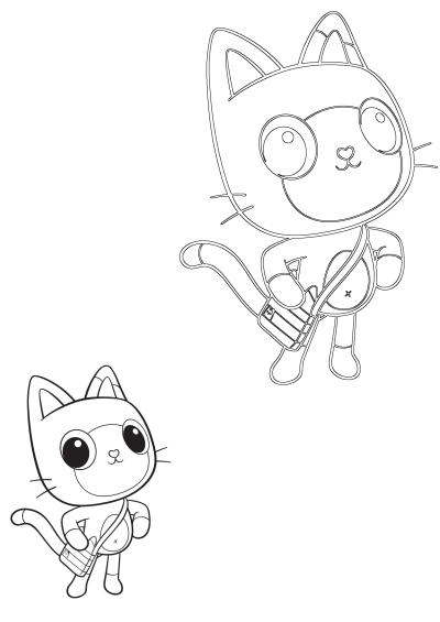 Outline drawing of two adorable cartoon cats, each carrying a satchel, ready for coloring. Features a large and small version.