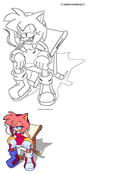 Amy Rose cartoon character sits in a beach chair, smoking. Includes a black and white outline and a vibrant colored version.