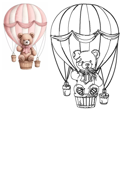Cute teddy bear in a pink and white hot air balloon illustration, presented with its black and white outline for coloring.