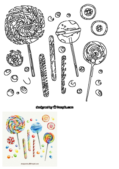 Black outline drawing of lollipops, candy sticks, and round candies on a white background, inspired by a watercolor style.