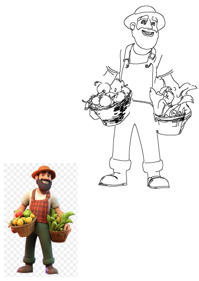 Friendly farmer cartoon character smiles, holding two baskets overflowing with fresh fruits like apples and leafy vegetables.