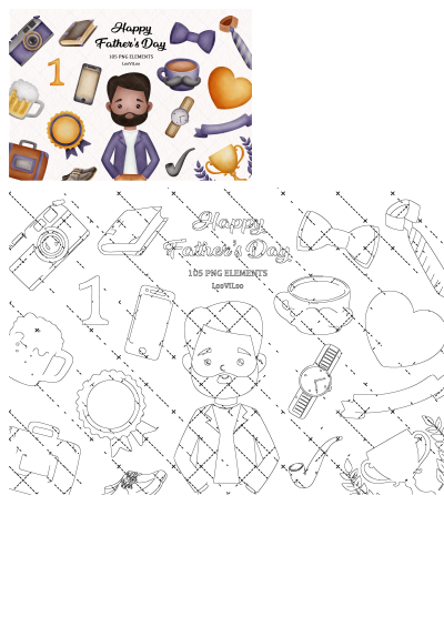 Fathers Day Clipart Set featuring a bearded man, beer mug, ties, camera, watch, and various gift elements. Perfect for designs.