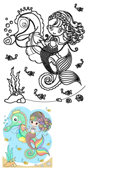 Cute cartoon mermaid with rainbow tail and hair riding a crowned seahorse underwater with fish and shells.