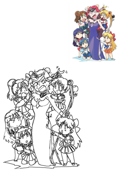 Chibi Sailor Moon characters confront Queen Beryl in this dynamic anime fan art, featuring a bonus outline version for coloring.