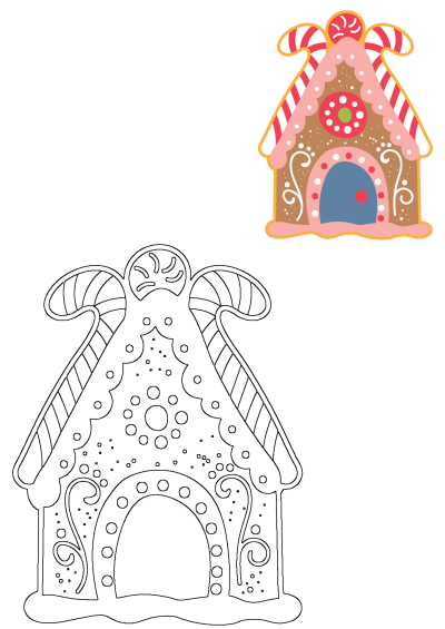 A festive gingerbread house illustration with pink frosting, candy cane roof, and blue door. Includes an outline for creative activity.