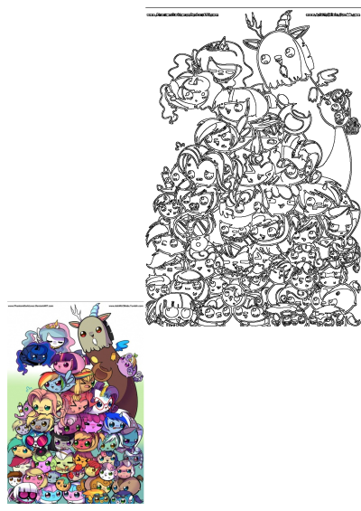 An adorable pile of My Little Pony cartoon characters in chibi style, featuring both colored and line art versions.