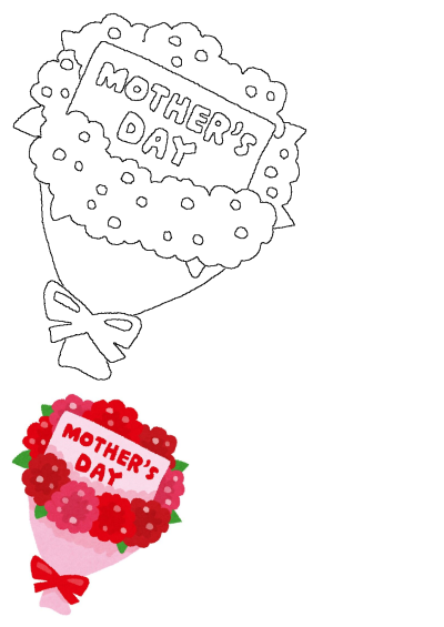 Mothers Day bouquet with red flowers and a 'Mother's Day' card, wrapped with a red bow. Includes an outline drawing; a perfect gift.
