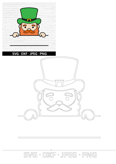 St. Patrick's Day leprechaun split name frame SVG design featuring a cute leprechaun head with a green hat and orange beard, perfect for personalization.