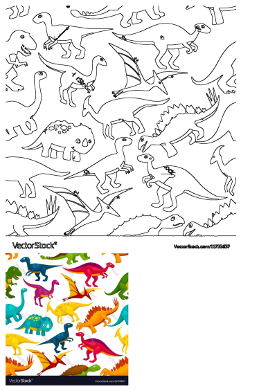 Outline pattern featuring various cute cartoon dinosaurs: T-Rex, Stegosaurus, Triceratops, Pterodactyl on a white background. Great for kids.