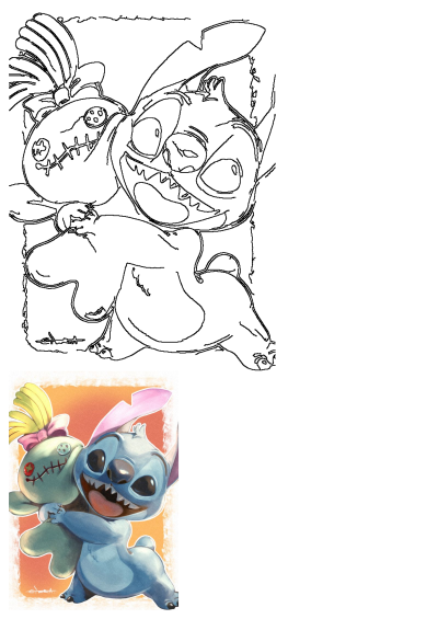 Stitch, the lovable blue alien, joyfully hugs his rag doll friend Scrumps in this vibrant Disney cartoon illustration.