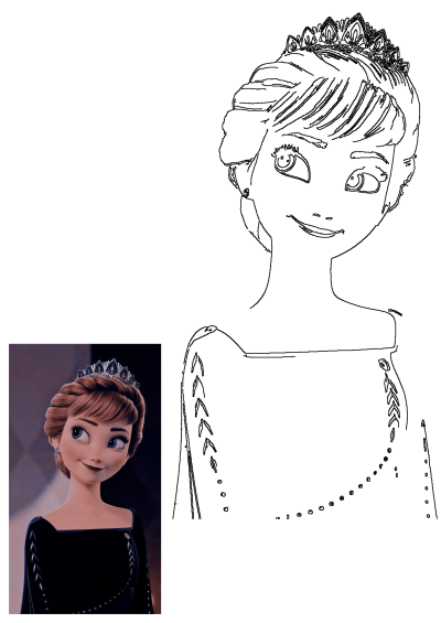 Queen Anna from Frozen 2 character portrait with crown. Features both the original colored image and a detailed black and white outline version.