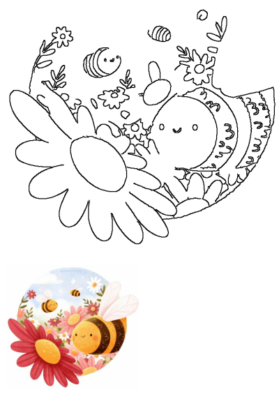 A charming illustration of a happy, smiling bee among vibrant red and white daisies and wildflowers, with other bees flying in the background.