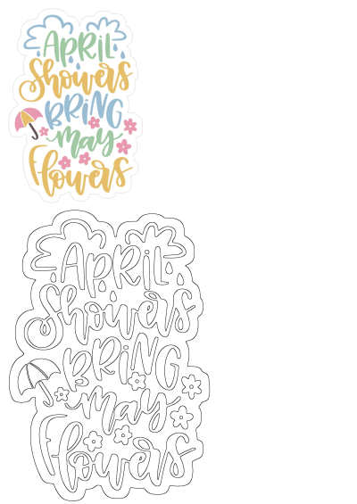 Vibrant 'April Showers Bring May Flowers' spring season greeting in pastel colors with clouds, umbrella, flowers, plus an outline version.