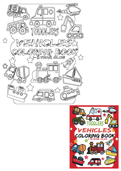 Childrens Vehicles Coloring Book cover for toddlers aged 1-3, featuring various transport vehicles on a red background with white and yellow stars.