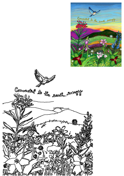 Vibrant painting of a blue bird soaring above diverse wildflowers, green hills, and a radiant sunset, with 'Connected to the earth energy' text.