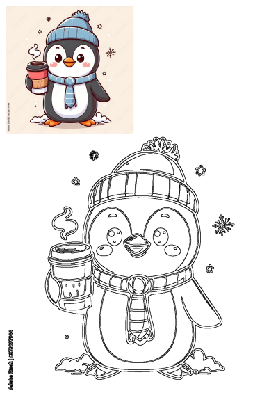 An adorable cartoon penguin wearing a blue knitted hat and scarf, holding a steaming coffee cup in a cozy winter illustration.