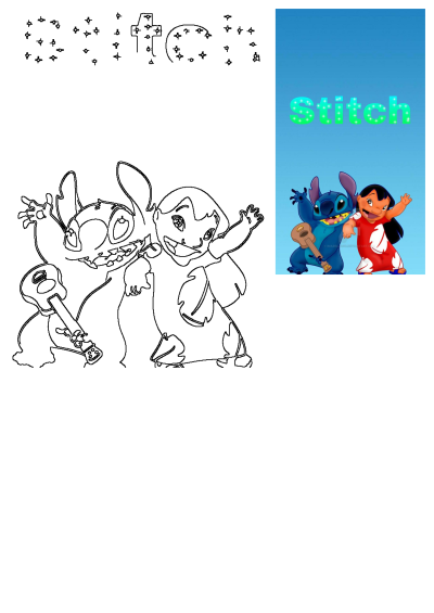 Vibrant Stitch and Lilo wallpaper featuring Stitch with a ukulele and Lilo waving against a bright blue background.
