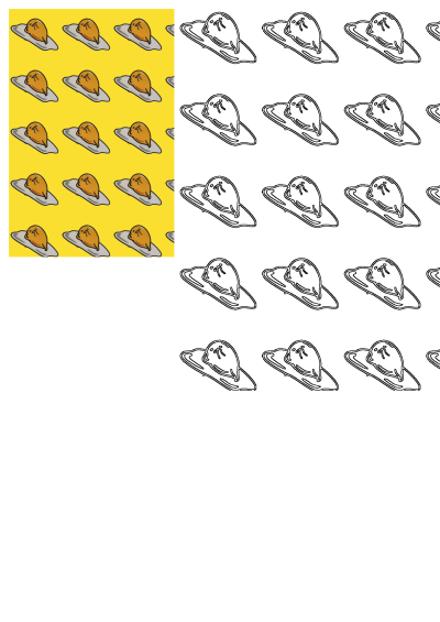 Gudetama lazy egg seamless pattern on yellow background, featuring both colored and outline versions perfect for fun projects.