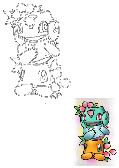 A cute stacked illustration of Bulbasaur, Squirtle, and Charmander adorned with flowers, shown in both vibrant color and outline.