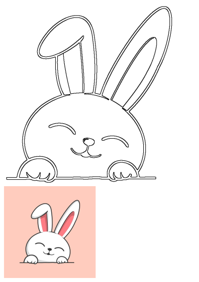 Line art of a cute white rabbit with happy closed eyes, peeking over a blank sign. Perfect outline for coloring or illustration projects.