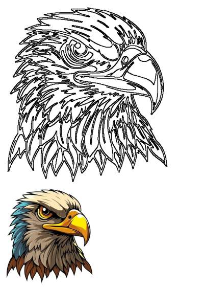A vibrant illustration of an American symbol eagle head with blue and white feathers, accompanied by its clean black outline.