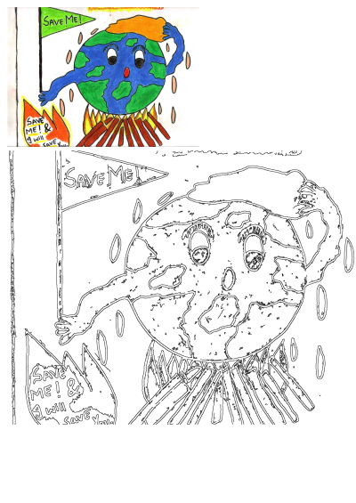 This poignant child's drawing shows a cartoon Earth on fire, crying and holding a 'Save Me!' flag, highlighting the climate change crisis.