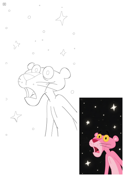 Cute Pink Panther character with wide eyes and open mouth looking surprised under a beautiful starry night sky, perfect for an iPhone wallpaper.