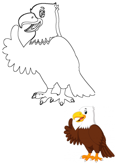Friendly cartoon bald eagle standing, giving a thumbs up, with white head and brown body. Image includes a black and white line art version.