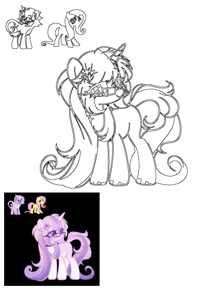 My Little Pony style fan art showing a purple unicorn with glasses, smaller pegasus and unicorn line art, and colored pony friends.
