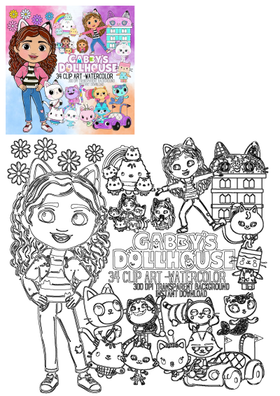 Vibrant Gabby's Dollhouse watercolor clip art set featuring Gabby Girl and beloved cat characters for digital crafts and designs.