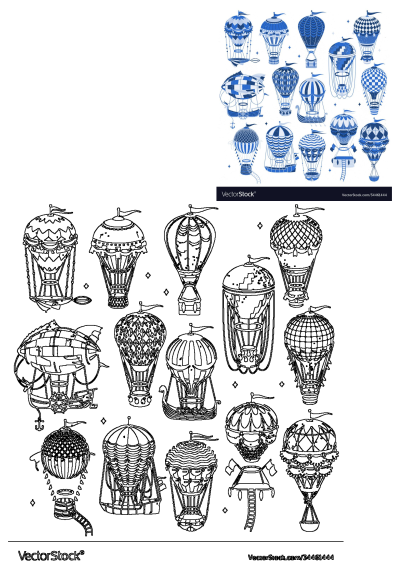A diverse collection of blue and white hot air balloon and airship illustrations, alongside their corresponding black line art versions, featuring vintage patterns.