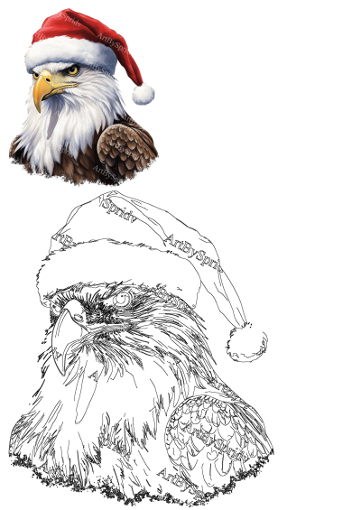 A majestic bald eagle illustration wearing a festive red Santa hat, perfect for Christmas holiday themes and designs.