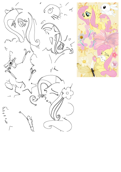 An adorable My Little Pony Fluttershy artwork, featuring her with Angel bunny, flowers, and butterflies, alongside outlines for a coloring activity.