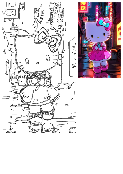 Hello Kitty in a pink dress and bow strolls down a vibrant neon city street at night, reflecting on wet pavement.