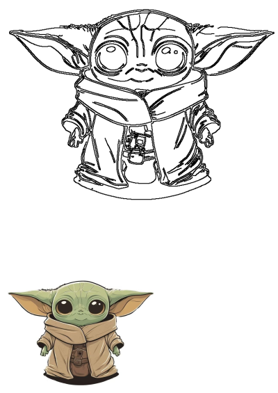 Cute Baby Yoda cartoon character (Grogu) from Star Wars The Mandalorian, with big eyes and a brown robe. Also features an outline sketch.