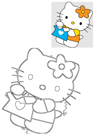 Hello Kitty PNG clipart featuring a blue card with a heart and an orange flower, alongside its black outline.