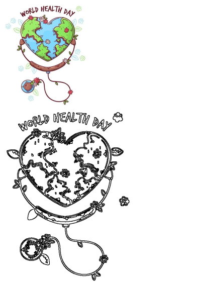 Vibrant World Health Day graphic: heart-shaped Earth (continents, oceans) with a flower-adorned stethoscope, symbolizing global health awareness.